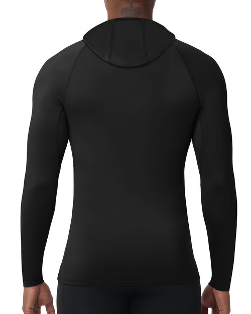 Roadbox Men's Compression Shirt Hoodie with Mask, Long Sleeve Workout Athletic Base Layer, Sports Gym Running Undershirt Top Black