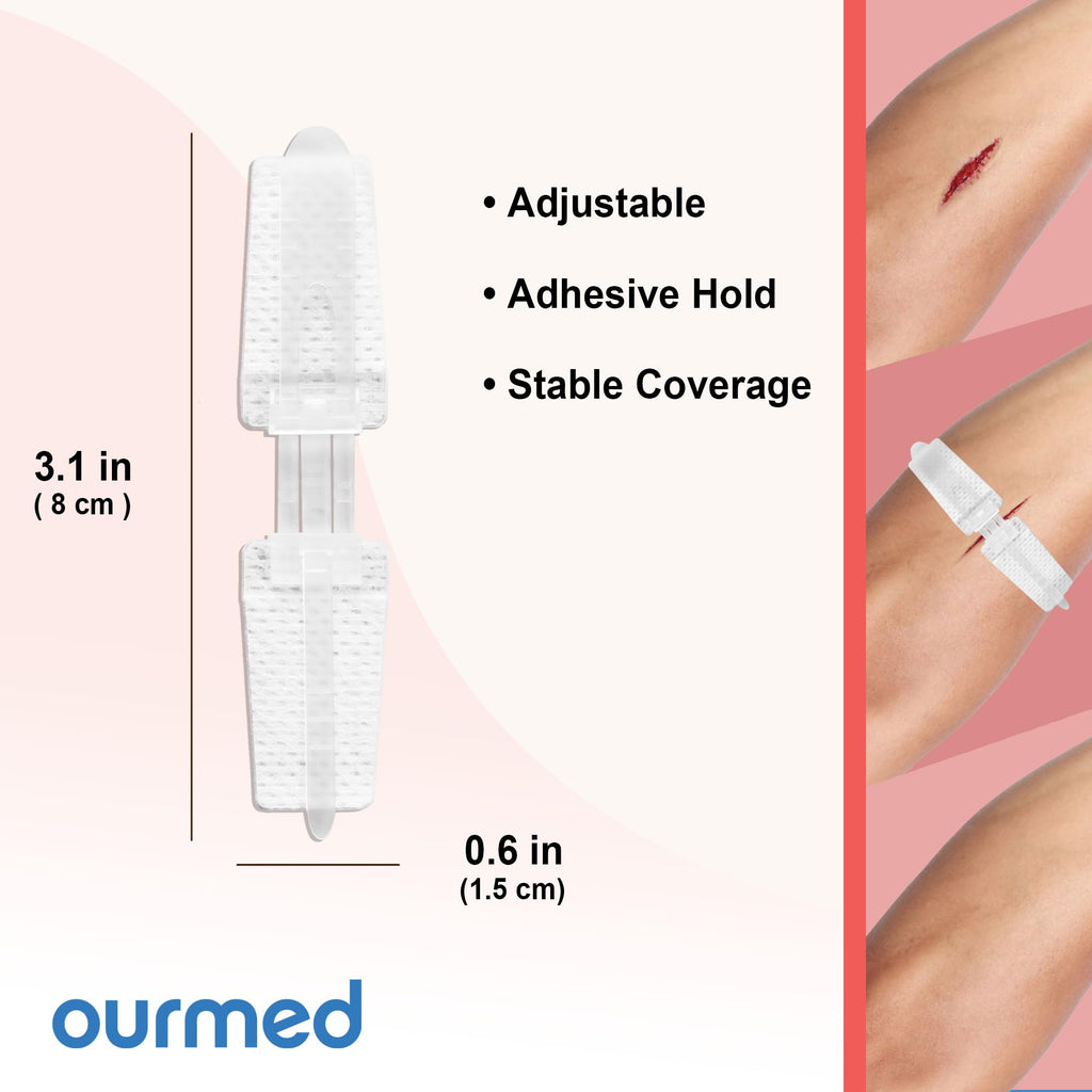 Ourmed Wound Closure Strips(0.6"x 3.1" - 4 Pcs), Butterfly Bandages for Wound Care, Steri Emergency Laceration Closures Without Stitches for Outdoors Use.