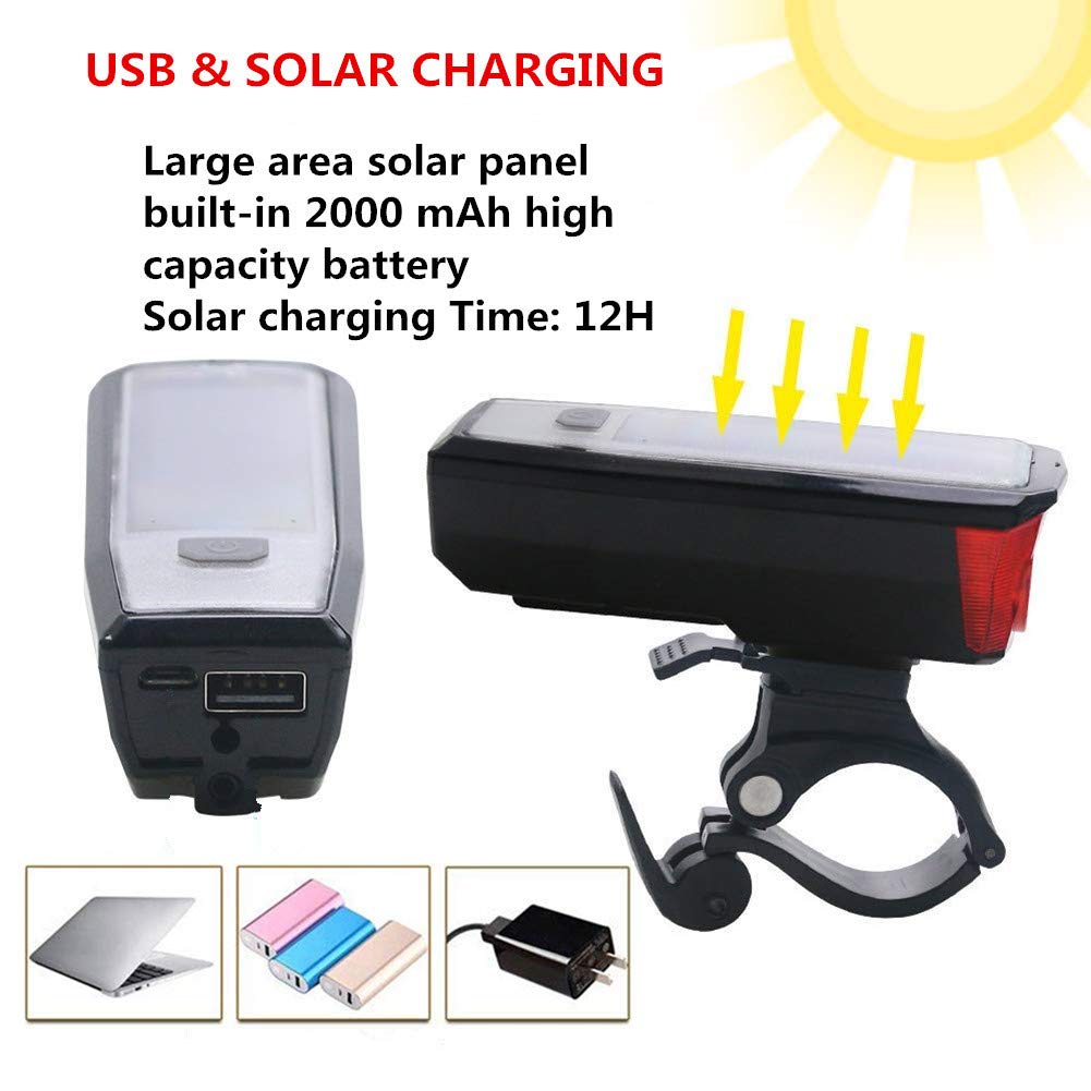 Ultra Bright Solar-Powered and USB Rechargeable Mountain Bike Front Lights 5 Modes 120db Bicycle Electric Bell Horn 350 Lumens 4 Mode Waterproof Bicycle Headlight, Road Cycling Safety Charging Lights
