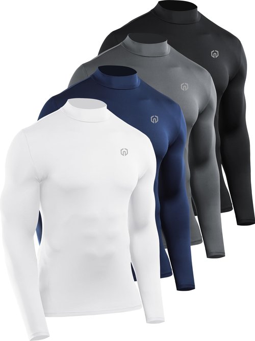 NELEUS 4 Pack Men's Workout Shirts Compression Dry Fit Long Sleeve Shirts,Mock Neck,5024,Black,Grey,Navy,White,US M