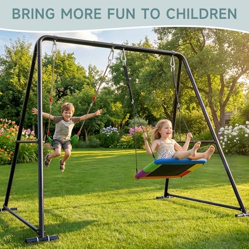 COZEER 2-in-1 Backyard Swing Set with Platform & Belt Swings, Black, Supports 440 lbs