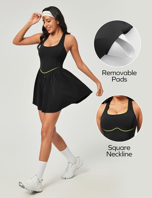 Ewedoos Tennis Dress for Women - Athletic Style with Built-In Shorts | Comfortable Square Neck Design