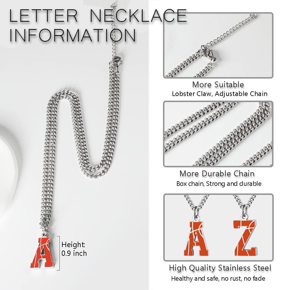 AIAINAGI Basketball Initial A-Z Letter Necklace for Men Basketball Charm Pendant Stainless Steel Silver Chain 22 inch Personalized Gift for Men(J)