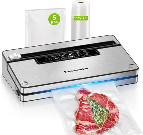 Bonsenkitchen Vacuum Sealer Machine - Stainless Steel Food Sealer with 5 Modes & Built-in Cutter | Silver Black