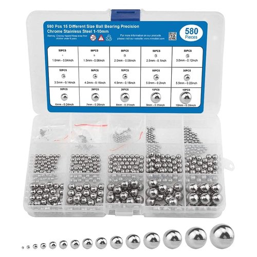 MMOBIEL 580 Pcs 15 Different Size Ball Bearings Chrome Stainless Steel 1-10mm for Bicycle, Skateboard, Motorcycle, Drawer, Door Repair