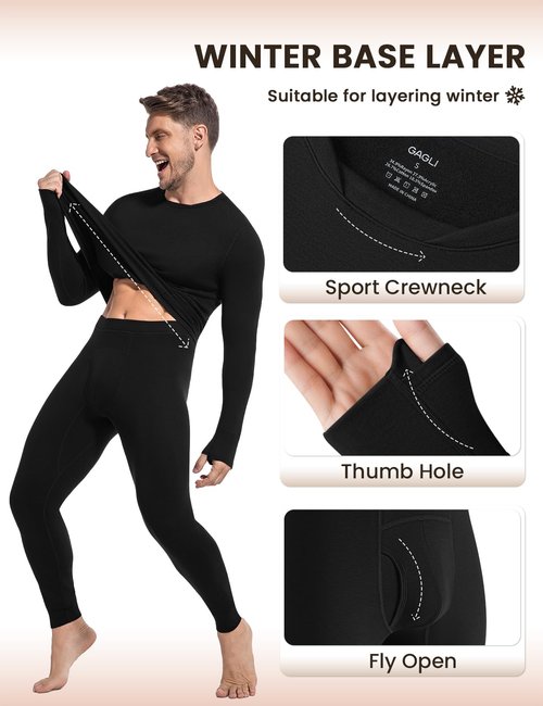 gagli Thermal Underwear for Men - Long Johns with Fleece Lined Winter Warm Base Layer Cold Weather Top Bottom for Hunting Running Skiing Gear,Black,L
