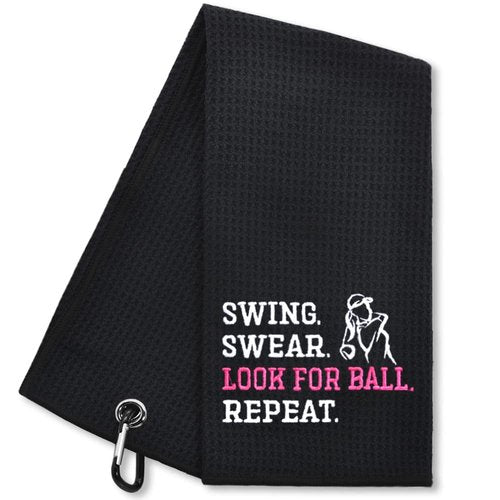 Hafhue Swing Swear Look Ball Repeat Funny Golf Towel - Accessory for Men & Women, Birthday or Retirement Gift (GRM015)