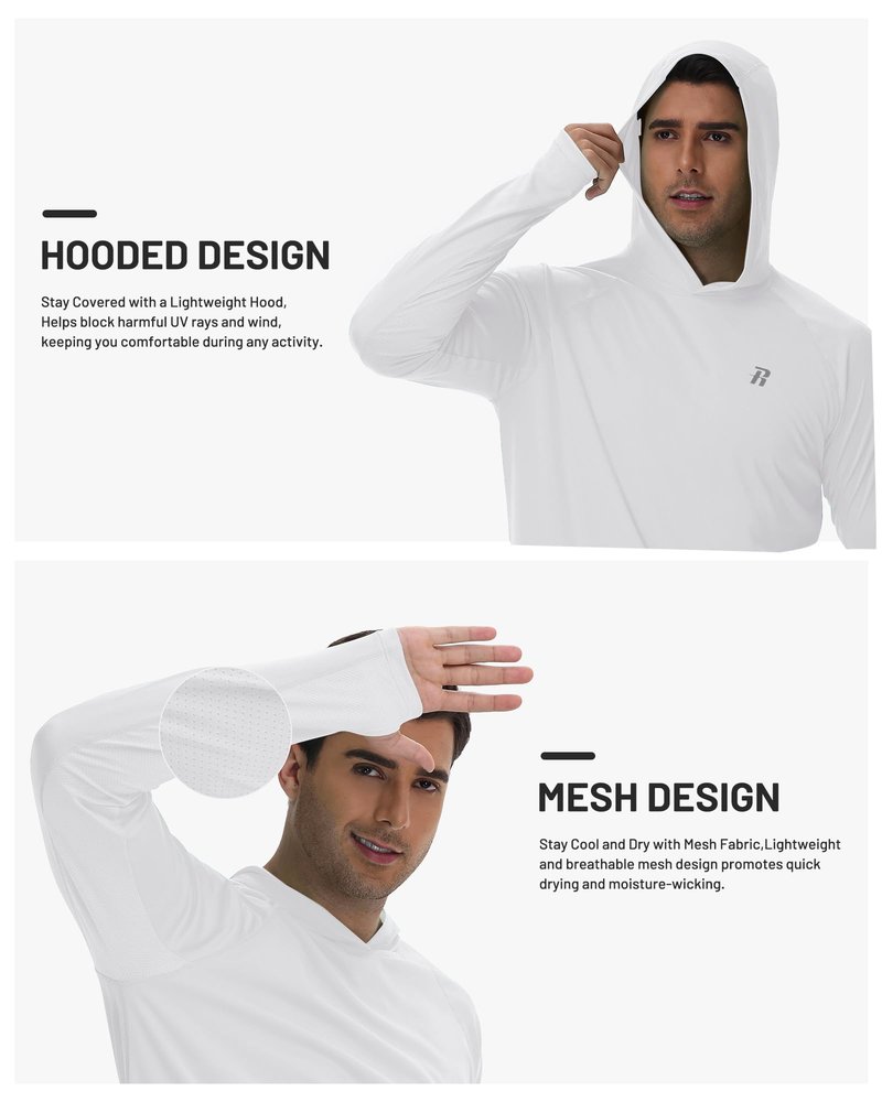 Runhit UPF 50+ Fishing Shirts for Men Long Sleeve UV Sun Protection Hoodie Outdoor Workout Hiking Running Rash Guard Lightweight Quick Dry White L