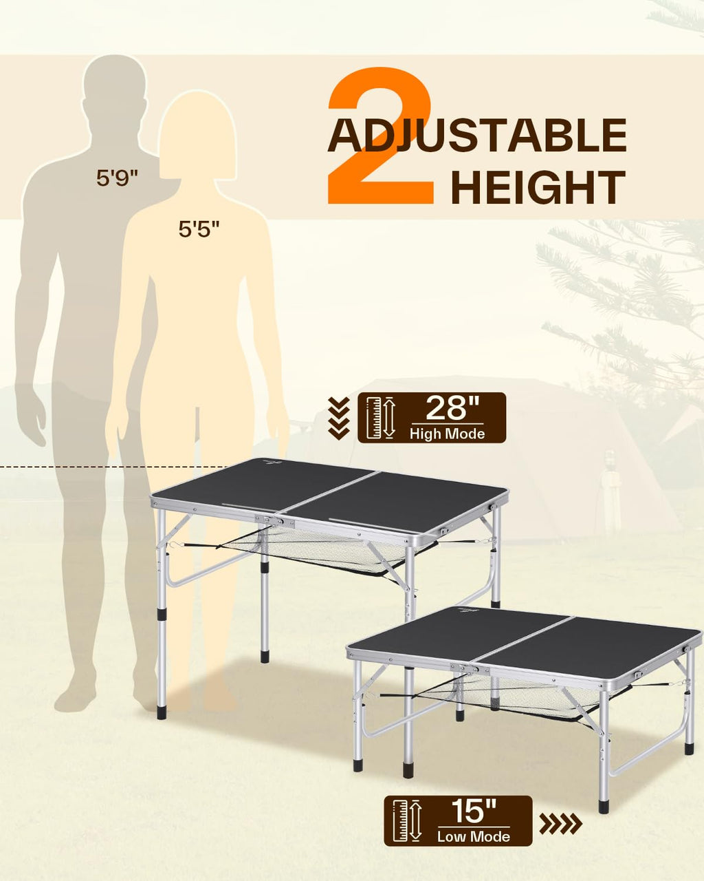 Sportneer Folding Table: Adjustable Height Camping Essentials 23.6" L x 15.7" W 2 Height with Mesh Layer - Compact & Portable Small Folding Table for Outdoor Camp Garden Picnic BBQ Dining Cooking