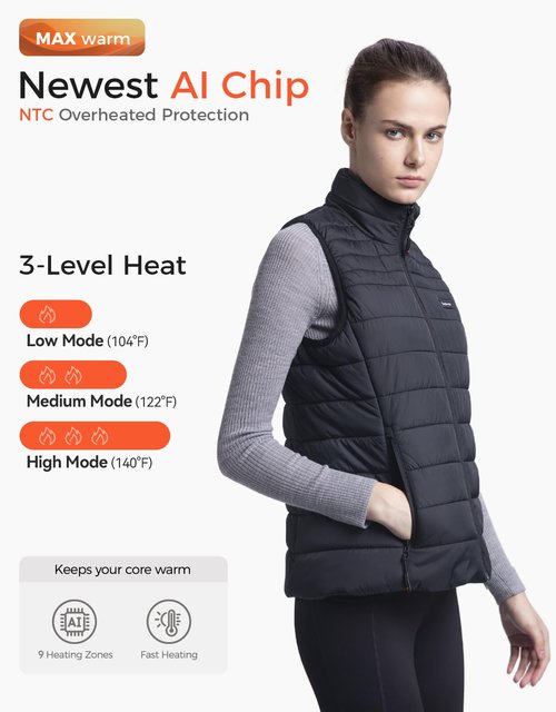 Soleilwear Heated Vest Women, 9 Heating Zones with 12000mAh Battery Pack, Rechargeable Heating Vest with 3 Temperature Settings for Indoor Outdoor Motorcycle Hunting Camping Cycling Work