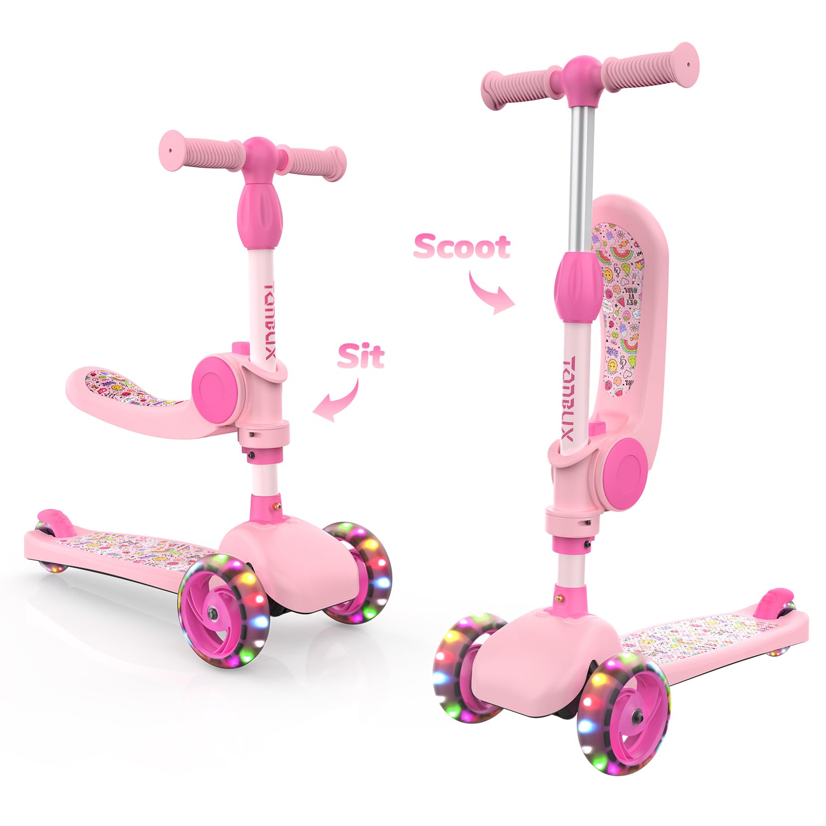 TONBUX Kids Scooter with Seat, 3 Wheels Scooter with PU Luminous Wheels, Non-Slip Handle and Wide Deck, Sensitive Brakes, 4-Level Adjustable Height, Scooters for Kids 2–8 Years Pink