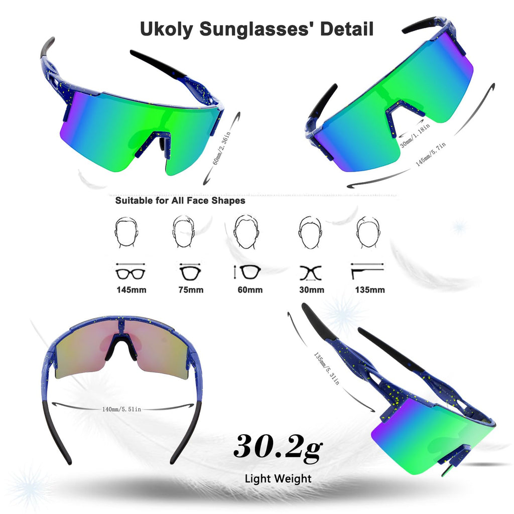 Ukoly Cycling Sunglasses for Men & Women - 3 Interchangeable Lenses, Polarized Sports Sunglasses