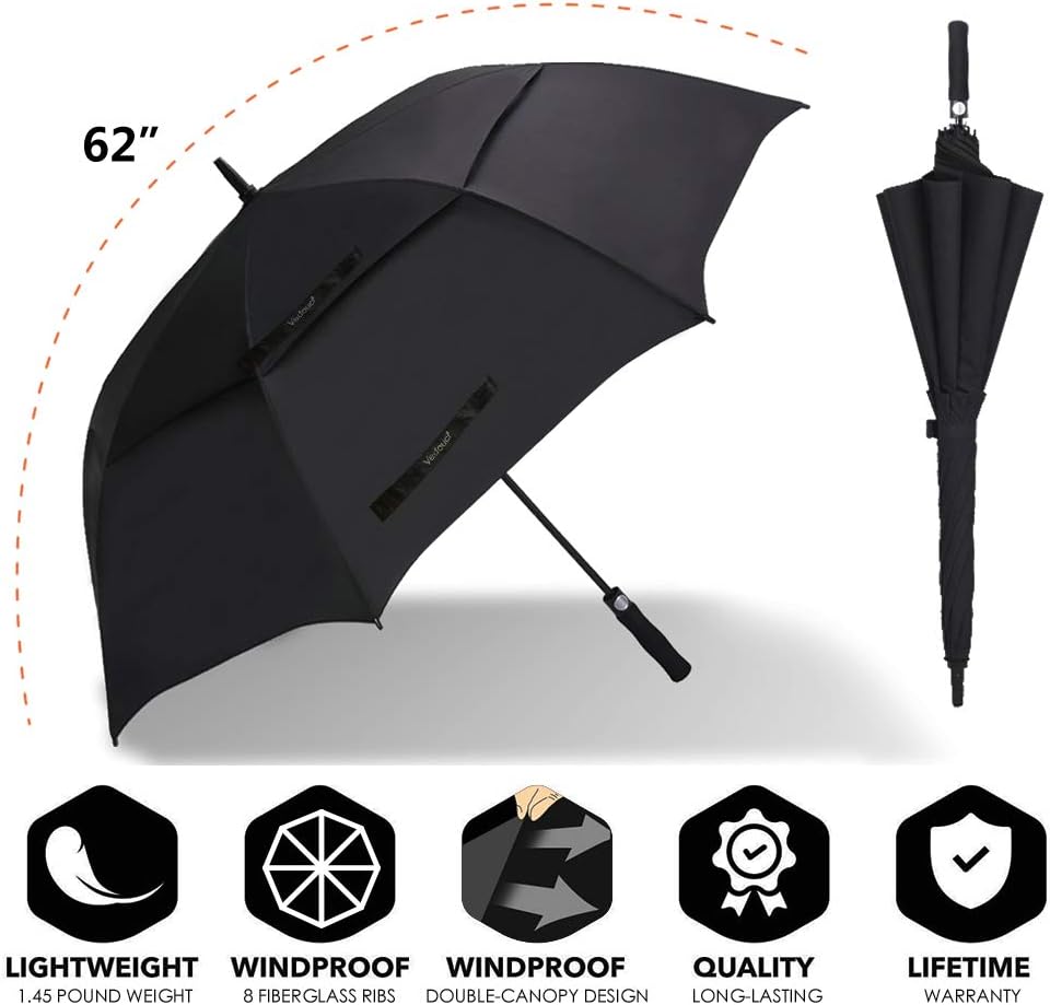 USA Golf Umbrella - Large Oversize Double Canopy Vented Windproof with Teflon Coating | Coal Black