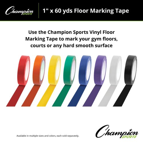 Champion Sports Vinyl Tape - Durable 1” Wide x 60 Yards Long Floor Marking Tape | White for Schools & Gyms