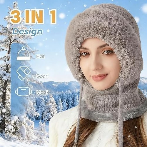 3 in 1 Beanie Hat with Scarf and Mask,Autumn and Winter Knitted Hat for Women (Grey)