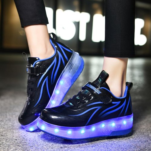 BFOEL Rechargeable Roller Shoes for Boys Girls Age 6-14 with LED Light-Up Kids Sneakers for Outdoor Play, Birthday Black-Blue