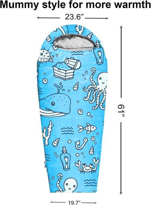 KidzAdventure Kids Sleeping Bag - Mummy Style, Lightweight, 4 Seasons, Includes Pillow Sleeve, Ideal for Camping & Sleepovers