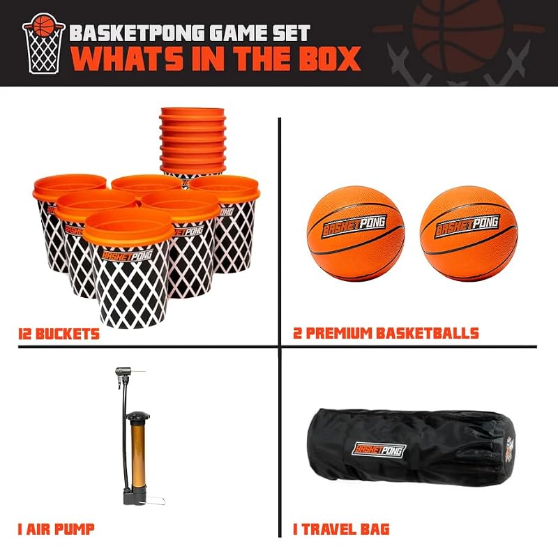 Giant Yard BasketPong Outdoor Game Set with 12 Buckets, 2 Balls & Carrying Bag
