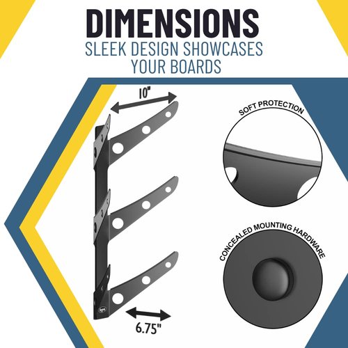 Koova 3 Skateboard Wall Mount Rack Holder | Creative Deck Display | Home or Garage Longboard Storage | Scooter Hanger | Easy Install - Hardware Incl. | Heavy Duty Powder Coated Steel Frame | USA Made