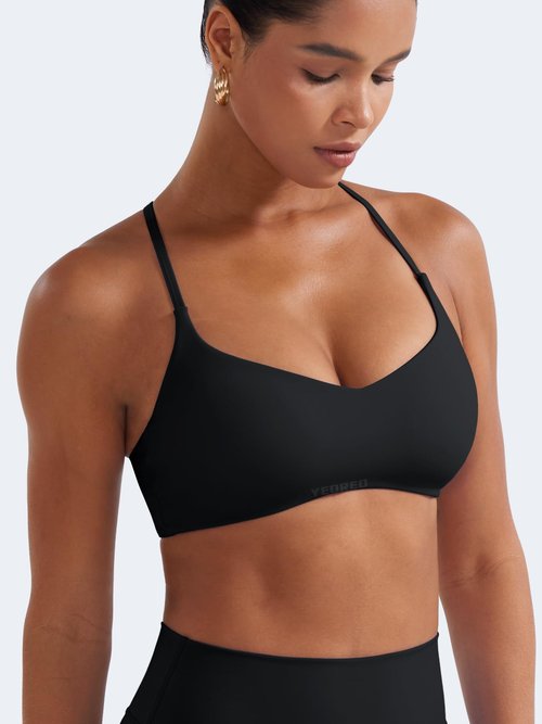 YEOREO Y Back Sports Bras for Women Padded Racerback Bra Paisely Light Impact Adjustable Straps Gym Workout Tops Black M
