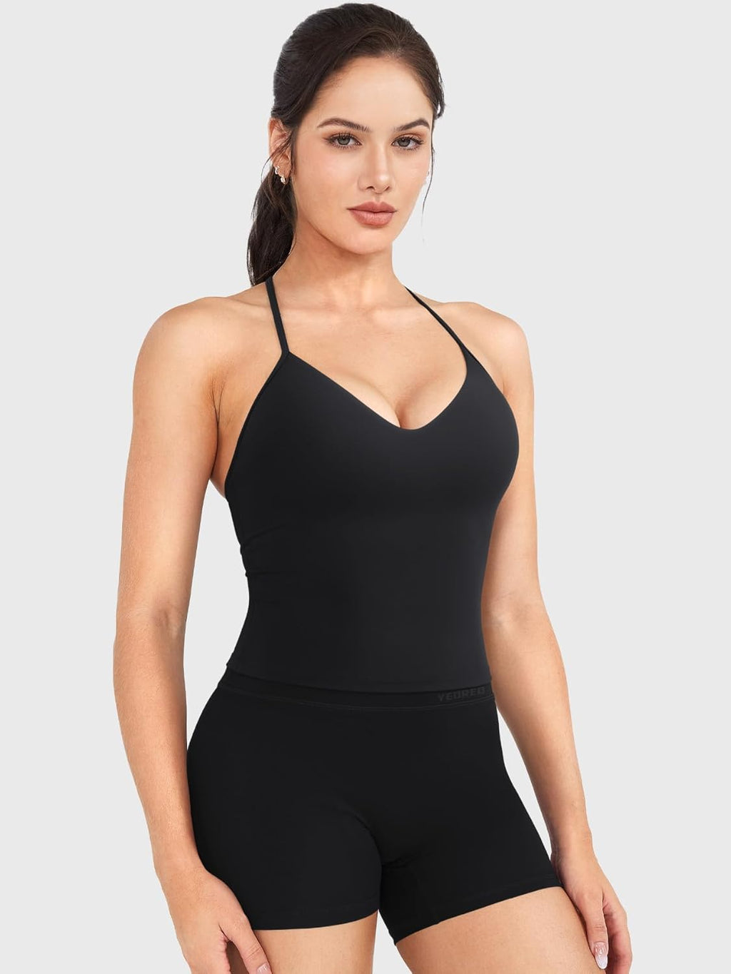 YEOREO Women's Halter Tank Top - Strappy Padded Deep V Neck with Built-In Bra | Gym Crop Top