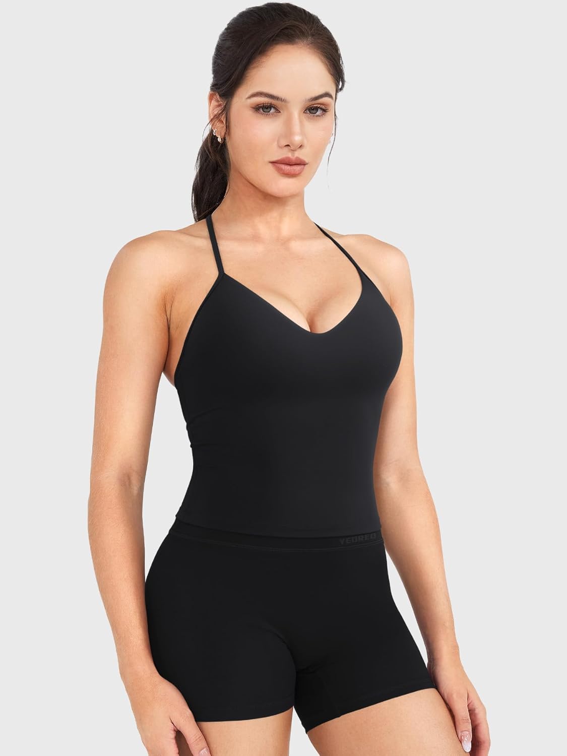 YEOREO Women's Halter Tank Top - Strappy Padded Deep V Neck with Built-In Bra | Gym Crop Top