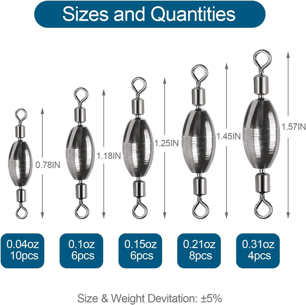 Skiennix 34Pcs Fishing Weights Kit - Brass Sinkers & Rolling Swivels for Saltwater & Freshwater