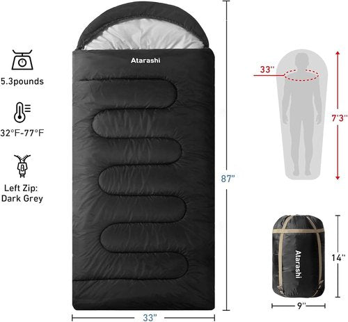 Atarashi Camping Sleeping Bag - 4 Seasons, Extra-Large, Lightweight & Warm - Ideal for Hiking & Outdoor Adventures