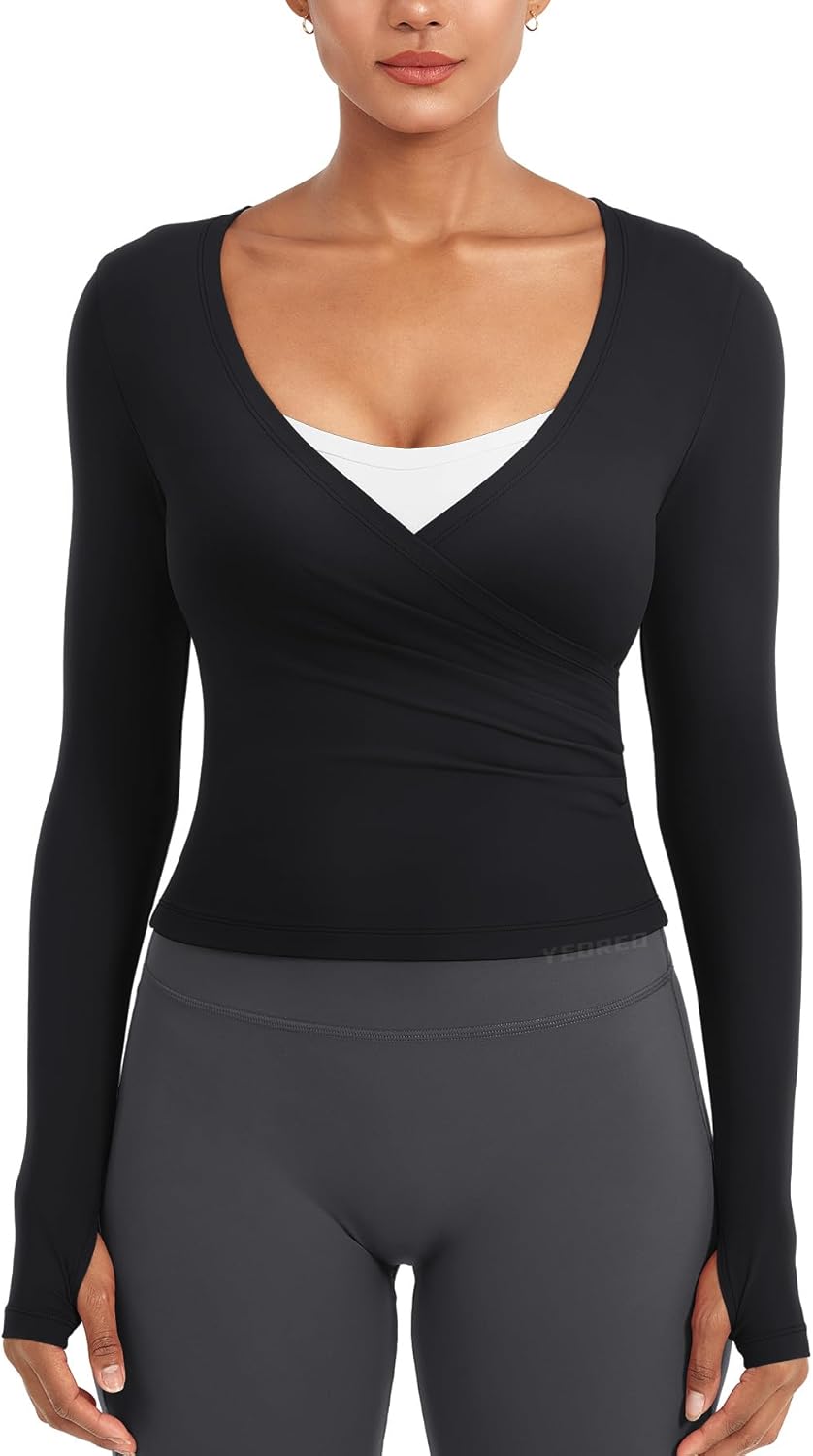 YEOREO Women's Long Sleeve Workout Wrap Top - V Neck with Thumb Holes for Yoga & Pilates