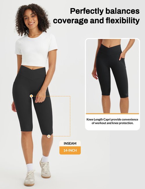 baleaf Capri Leggings for Women Knee Length Yoga Workout Capirs Leggings with Pockets Tummy Control Stretch Black L