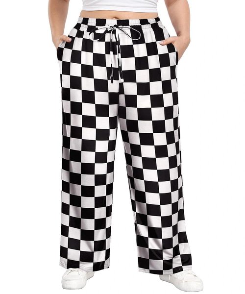 TIYOMI Plus Size Wide Leg Sweatpants for Women 5X Elastic High Waisted Black & White Checkered Pants Yoga Joggers Drawstring Fall Lounge Pants with Pockets 5XL 28W