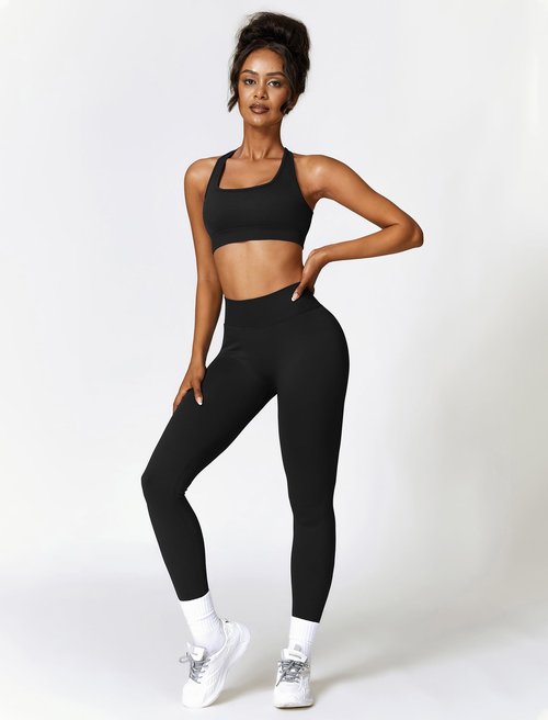 ABOCIW Workout Sets for Women 2 Piece Seamless V Back Scrunch Butt Lifting High Waist Leggings Cross Back Strappy Sports Bra for Women Gym Sets Y- Black Large