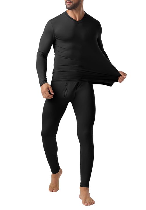 Askdeer Thermal Underwear for Men Long Johns Thermal Fleece Lined Long Underwear Base Layer Set Black