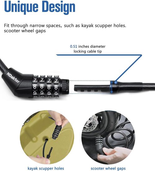 NDakte Bike Lock - Extra Long Cable Lock (6FT to 27FT) with Resettable Combination for Kayaks & Scooters