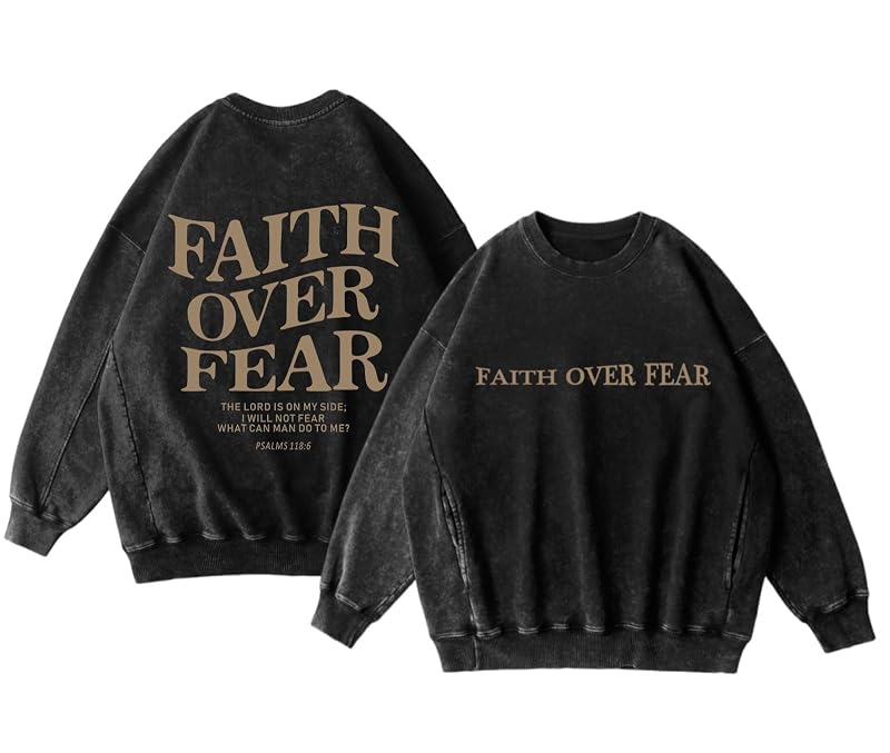 Faith Over Fear Sweatshirt for Women - Oversized Jesus Bible Verse Hoodie, Acid Wash Pullover (Black, Large)