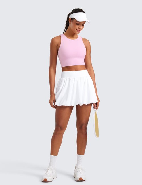 CRZ YOGA Butterluxe High Neck Crop Tank Tops for Women - Racerback Padded Longline Sports Bras Workout Vita Pink Medium