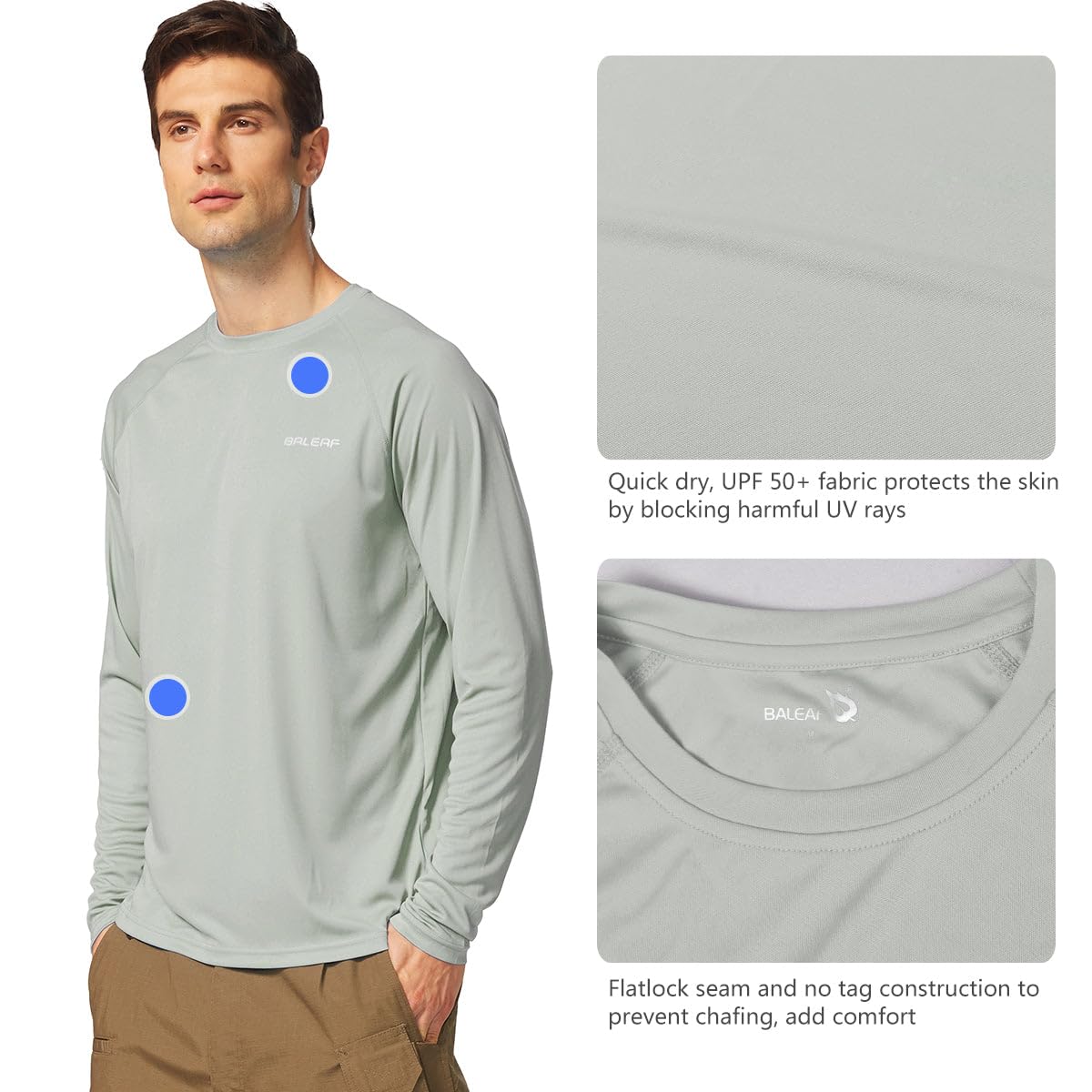 baleaf Mens UPF 50+ Sun Protection Shirts Long Sleeve Rash Guard, Quick Dry 4-Way Stretch for Fishing Swimming Surfing 2 Pack-Gray 2XL