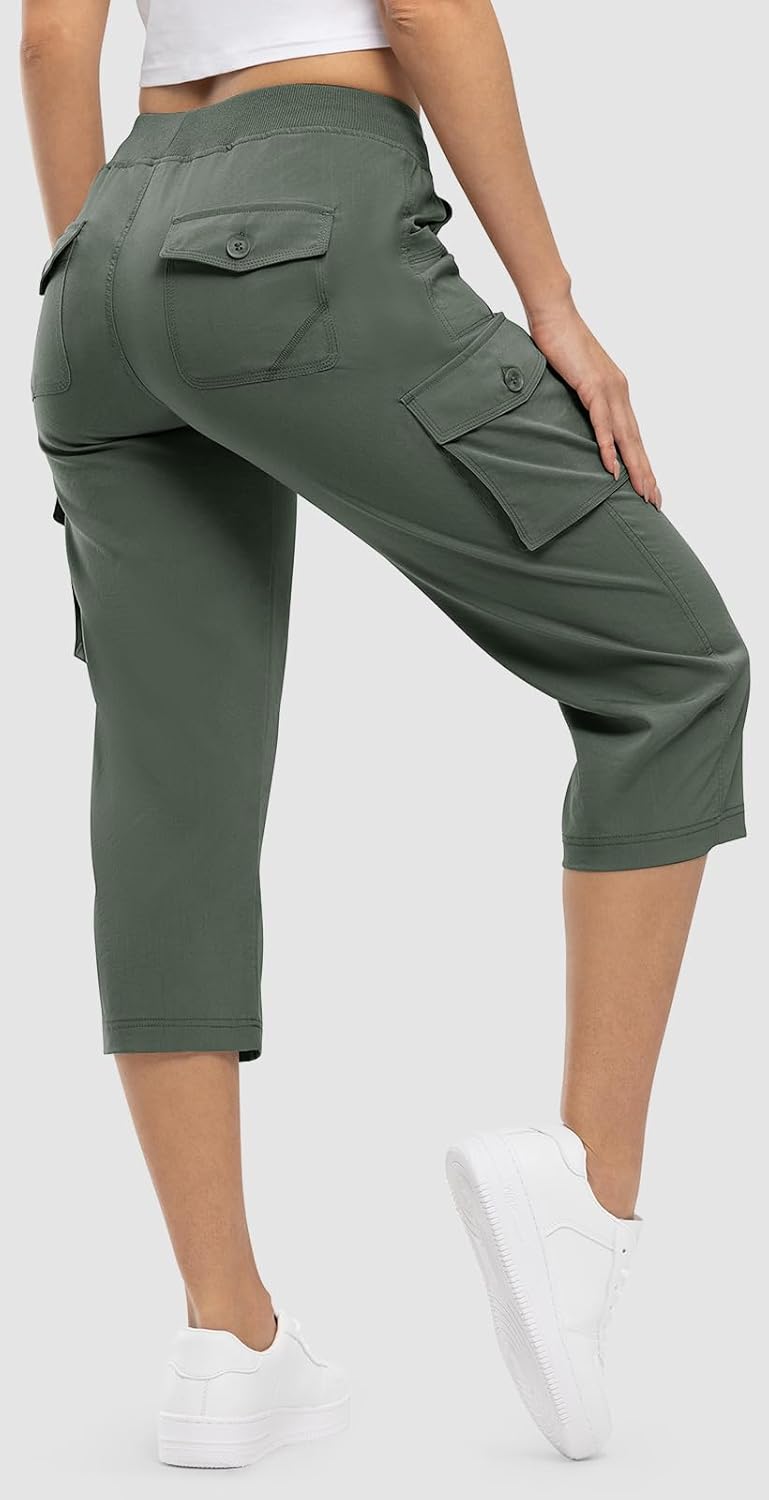 Rdruko Women's Cargo Capris - Lightweight Quick-Dry Hiking Pants with Pockets | Summer Casual Cropped Style