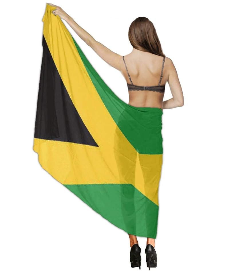 Jamaican Flag Beach Cover Up Sarong Wrap – Lightweight Silk-Chiffon Shawl