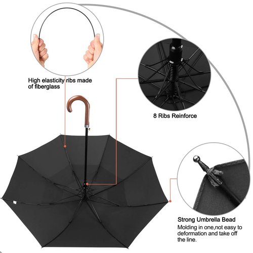 G4Free 52/62inch Wooden J Handle Golf Umbrella Windproof Classic Stick Wedding Cane Umbrellas, Auto Open Cane Hook Handle