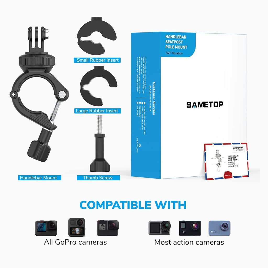 Sametop Handlebar Bike Pole Mount Motorcycle Clamp Mount Compatible with GoPro Hero 13 12 11 10 9 8 7 6 5 Session DJI Action Cameras - 360 Degree Rotation