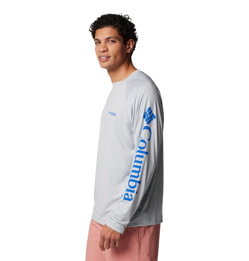 Columbia Men's PFG Terminal Tackle Long Sleeve Fishing Shirt, Cool Grey/Vivid Blue Logo, X-Large Tall