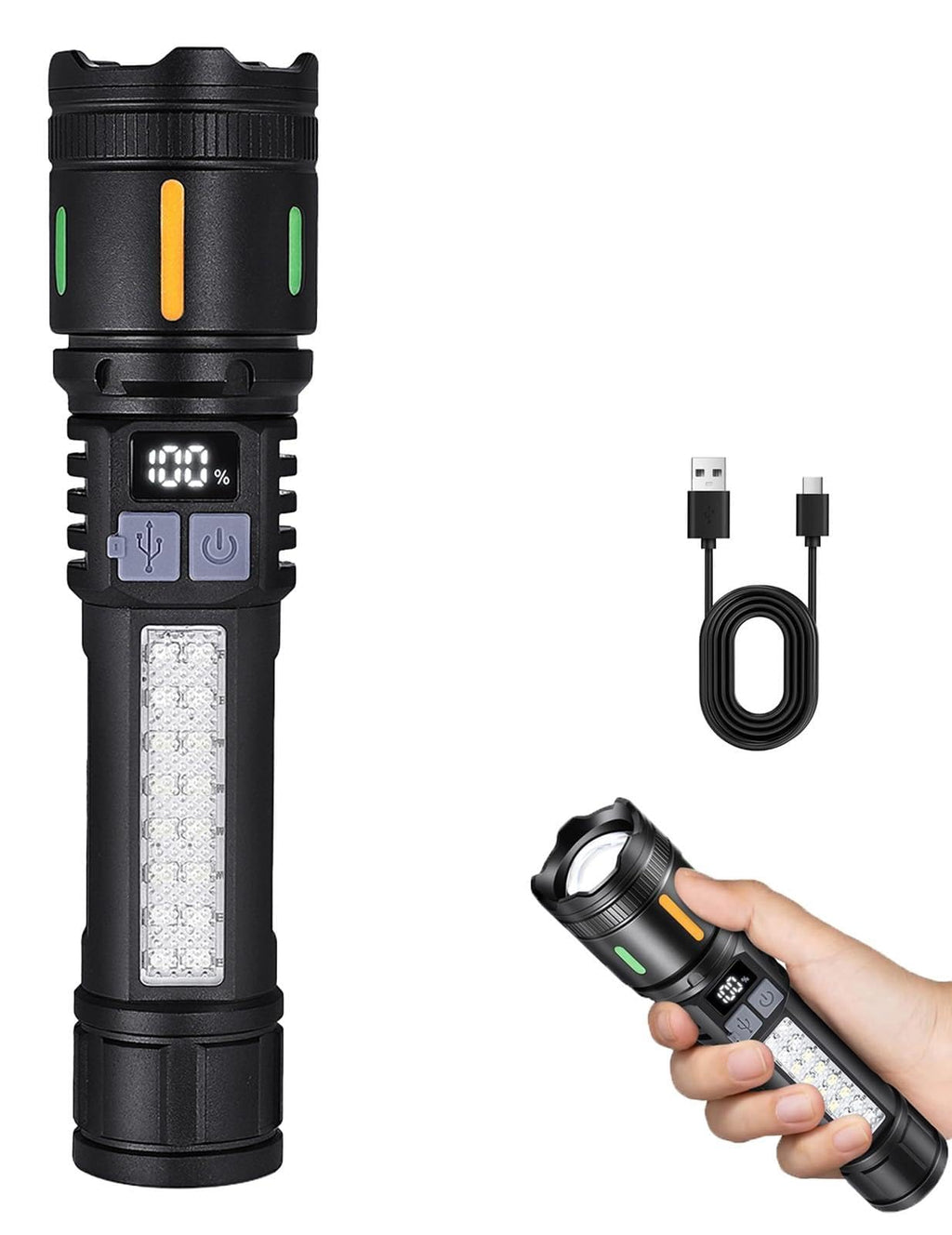 Ciwuzxs Rechargeable LED Flashlights High Lumens 3000LM Super Bright Tactical Flashlight with Cob Sidelight, 5 Light Modes, IPX6 Waterproof, Powerful Handheld Flash Light for Camping (1, Small)