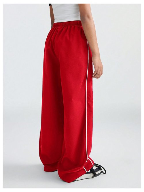 RoseSeek Girl's Wide Leg High Waist Sweatpants Side Striped Extra Long Baggy Track Pants Trousers Red 12Y