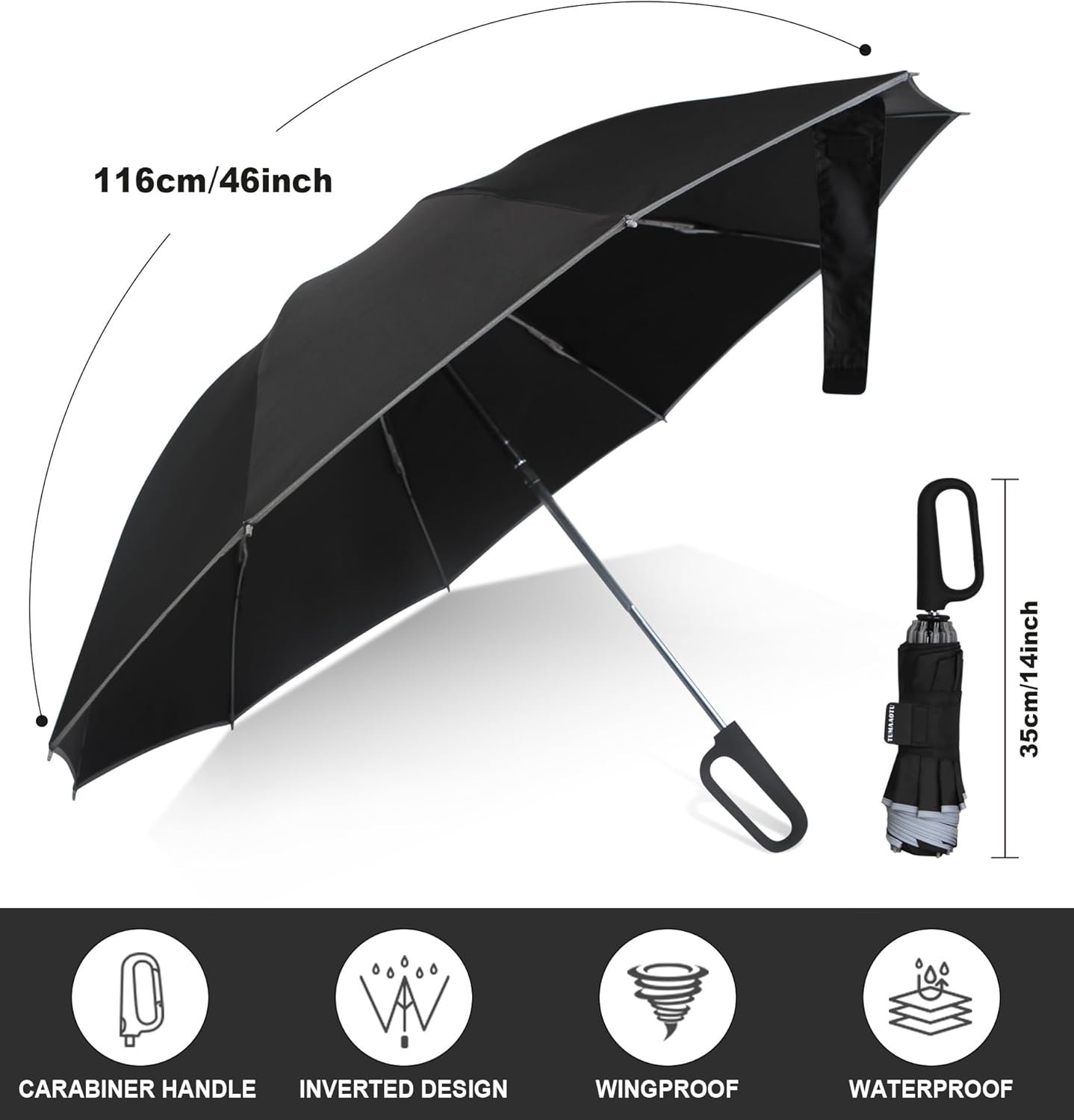 QWB TUMAAOTU Inverted Umbrella - Compact Windproof Design with Carabiner Handle | Portable Reverse Folding Umbrella for Rain and Sun Protection