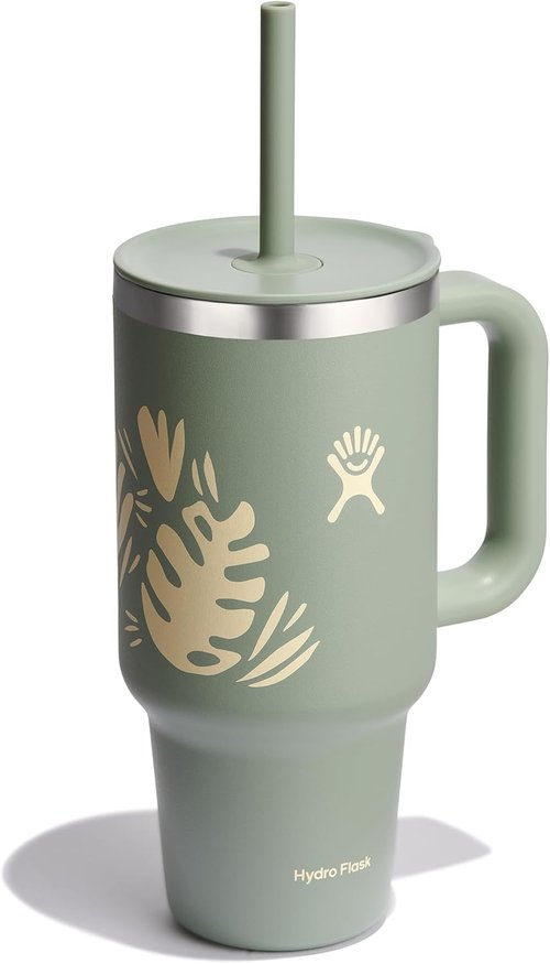 Hydro Flask Travel Tumbler - Insulated Stainless Steel with Handle & Straw | 32 Oz Botanical Bliss Green