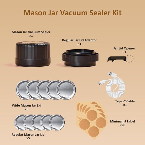 HTPOW Electric Mason Jar Vacuum Sealer - Fully Automatic Sealing Kit for Regular & Wide Mouth Jars - Black