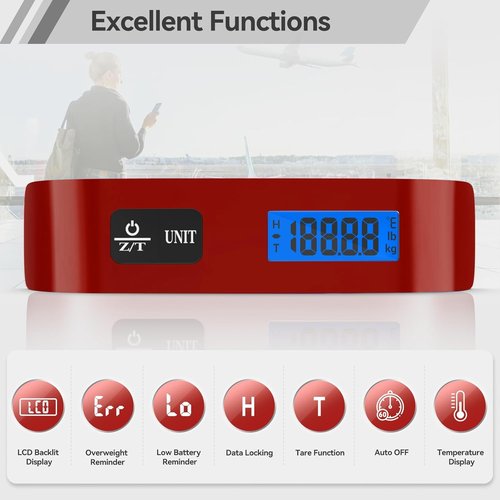 Dr.meter Luggage Scale - Electronic Balance with Backlight LCD Display | 110lb/50kg Capacity, Red
