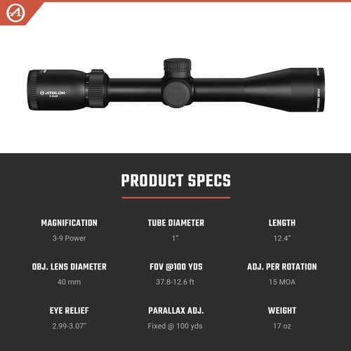 Athlon Optics Forerunner Rifle Scope (Center X Reticle, 3-9x40 SFP)