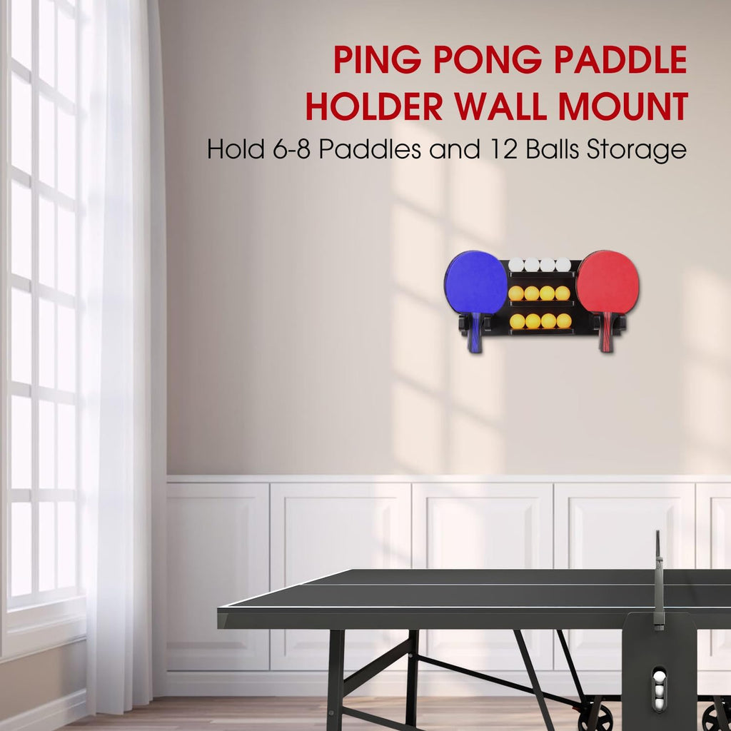 Ping Pong Paddle Holder - Wall-Mounted Storage Rack for 8 Paddles & 12 Balls | Game Room Organizer